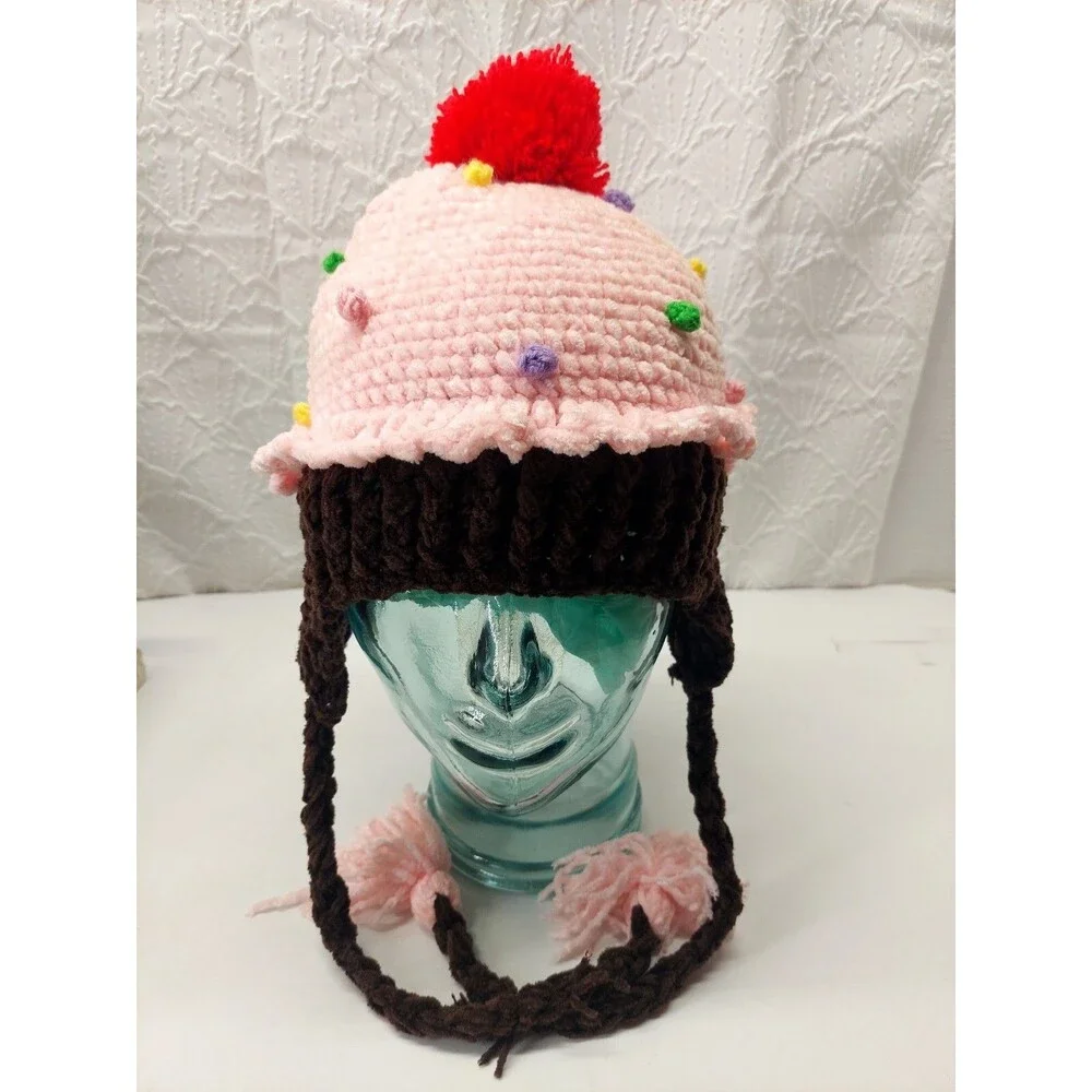 Day Lee Design Knit Pink Cupcake with Red PomPom Beanie  Size 1-2 Year Old